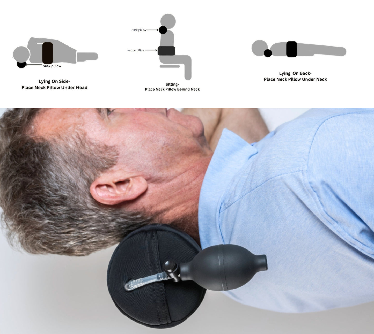 Split-screen image demonstrating Back Fix neck support. The top section features a diagram showing proper pillow positioning for different postures: sitting (behind the neck), lying on the back (under the neck), and lying on the side (under the head). The bottom section shows a man using Back Fix with the neck pillow positioned behind his neck, highlighting the adjustable pump system for customized support.