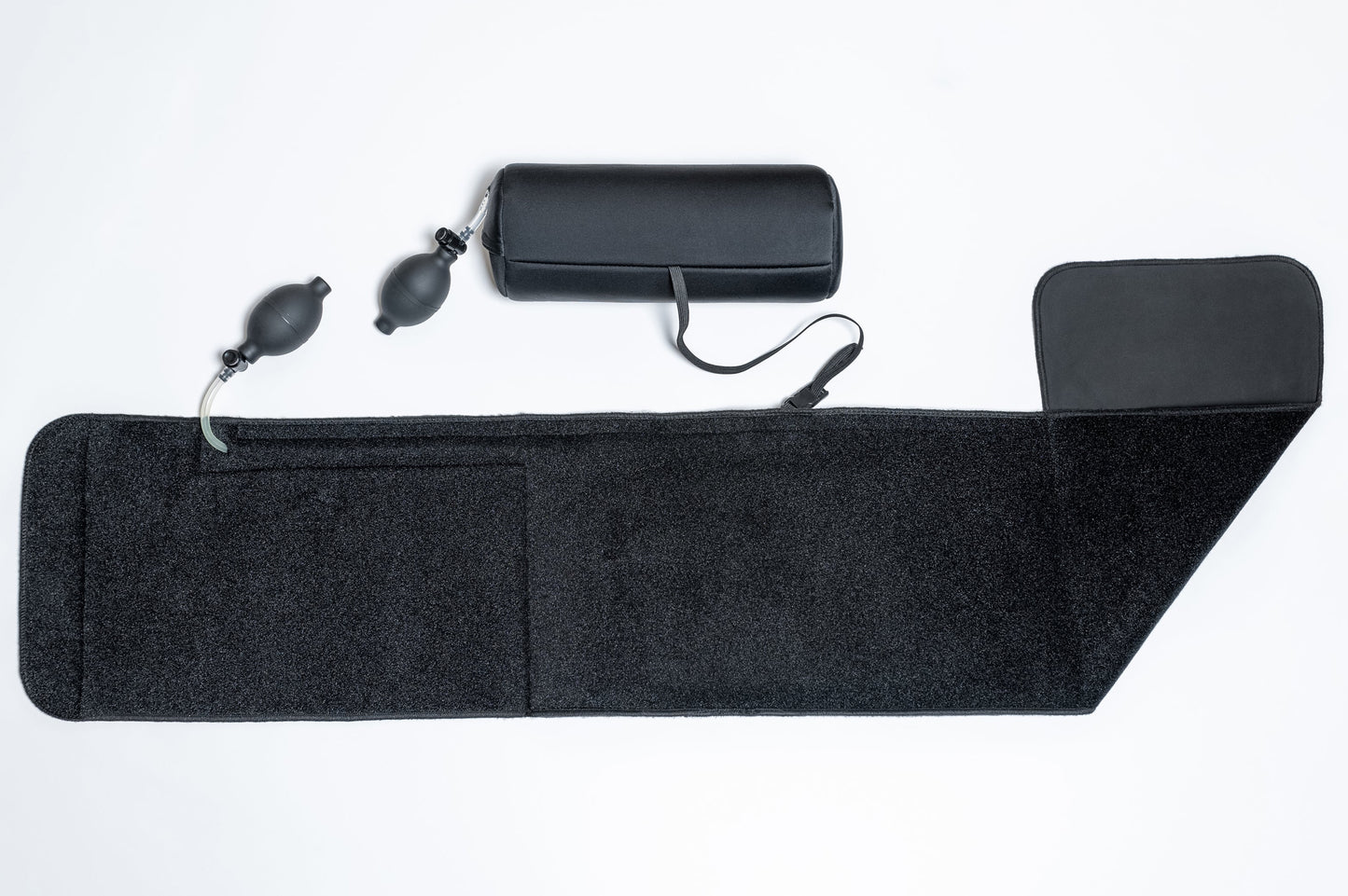 Back Fix dual-pump lumbar and neck posture support fully extended, showcasing its adjustable inflation system for customizable comfort and spine alignment.