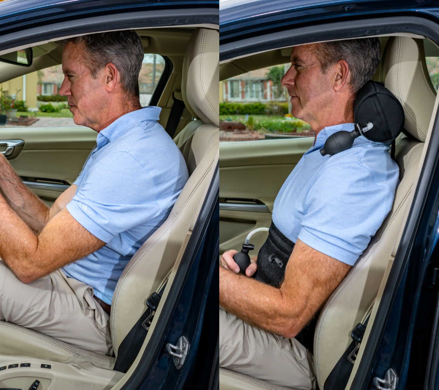 "Before and after comparison of a man sitting in a car with and without Back Fix. The 'Before' image shows poor posture and back discomfort, while the 'After' image demonstrates improved posture with lumbar and neck support. Call-to-action text reads: 'Struggling with Back Discomfort? Get Instant Support and Relief with Back Fix!' followed by a button stating 'Reserve Yours Now! - Limited Stock!'"