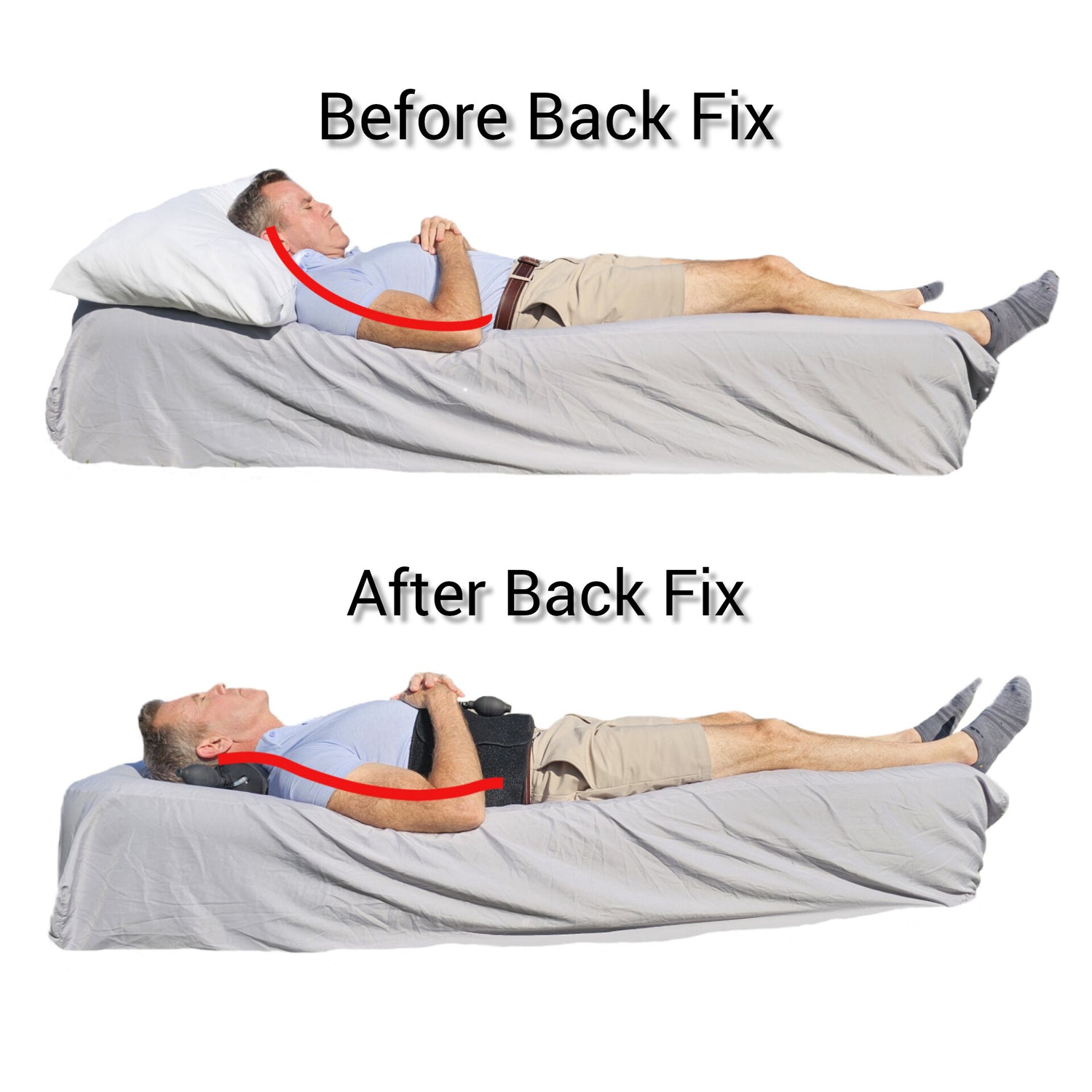 "Before and after comparison of a man lying on his back with and without Back Fix. The 'Before Back Fix' image shows poor spinal alignment, while the 'After Back Fix' image demonstrates improved posture with lumbar and neck support. Accompanying text highlights Back Fix as a solution for those struggling with sleep, promoting better spine alignment and long-term posture correction."
