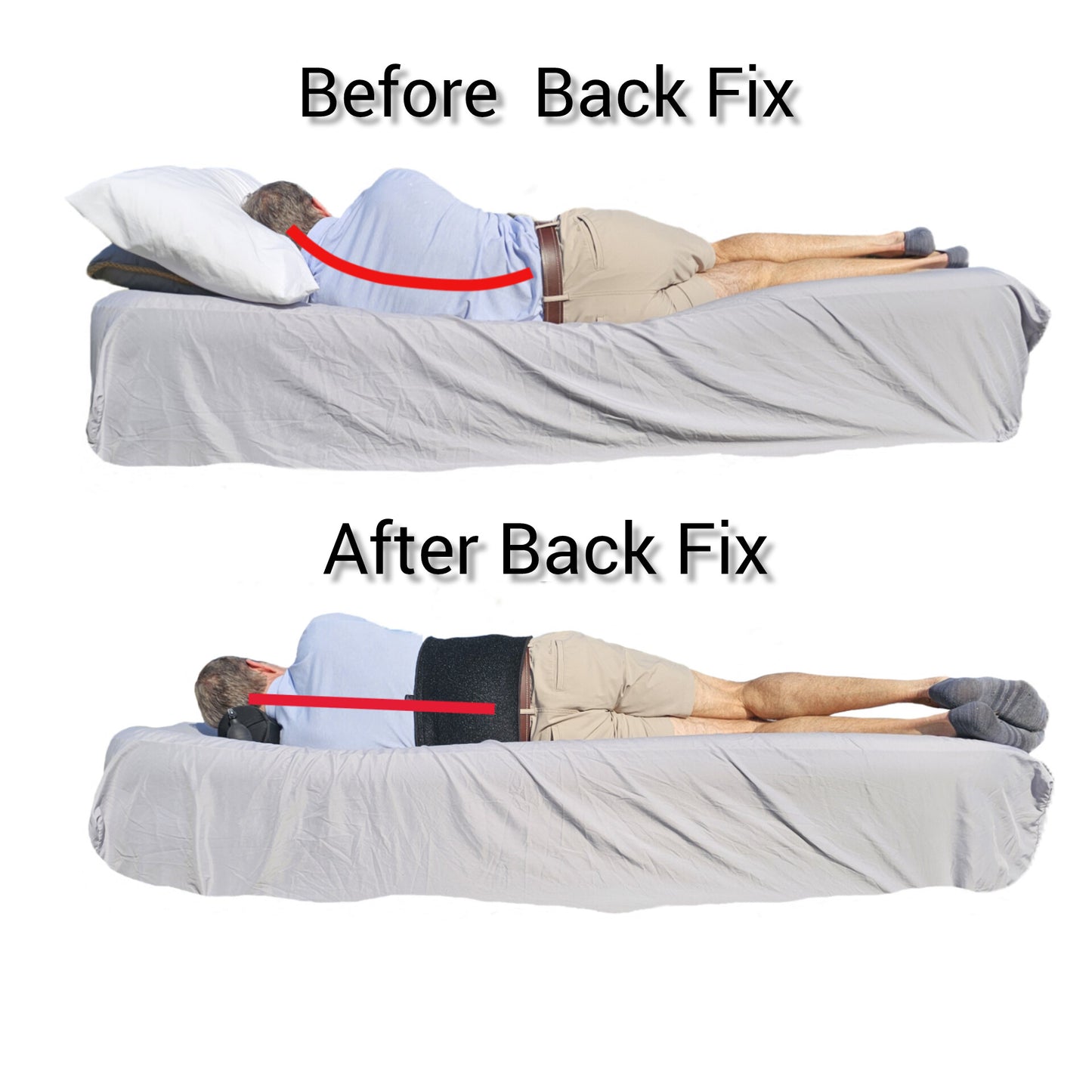 Before and after comparison of a man sleeping on his side, showing the effects of Back Fix on spinal alignment. The 'Before Back Fix' image illustrates poor posture with a curved spine due to mattress support issues. The 'After Back Fix' image demonstrates improved spinal alignment, with a red diagrammatic line highlighting the straightened spine while wearing Back Fix for optimal posture support."
