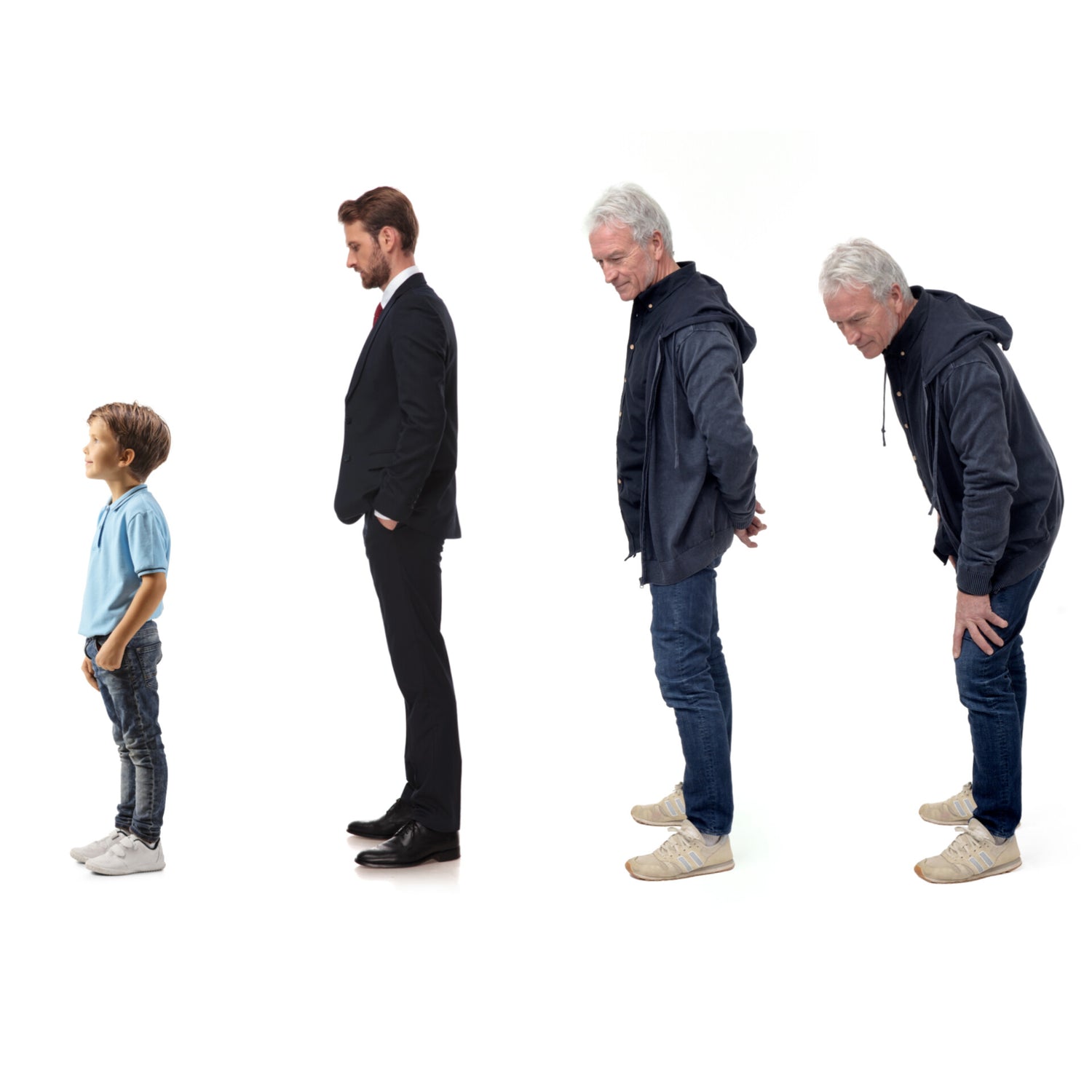 Progression of posture from child to older man, showing forward head and spinal curve changes