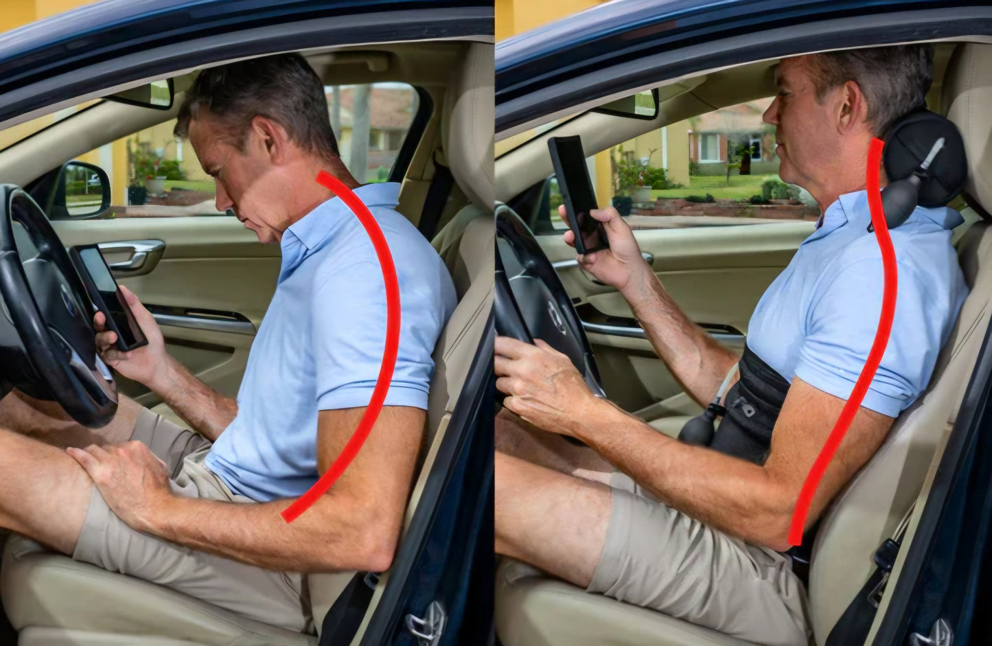 Comparison of sitting posture in a car before and after using Back Fix. The 'Before Back Fix' image shows a man with tech neck, hunched over looking down at his phone, causing neck strain. The 'After Back Fix' image shows improved posture with proper neck and lumbar support, preventing tech neck and allowing him to look forward comfortably while using his phone.