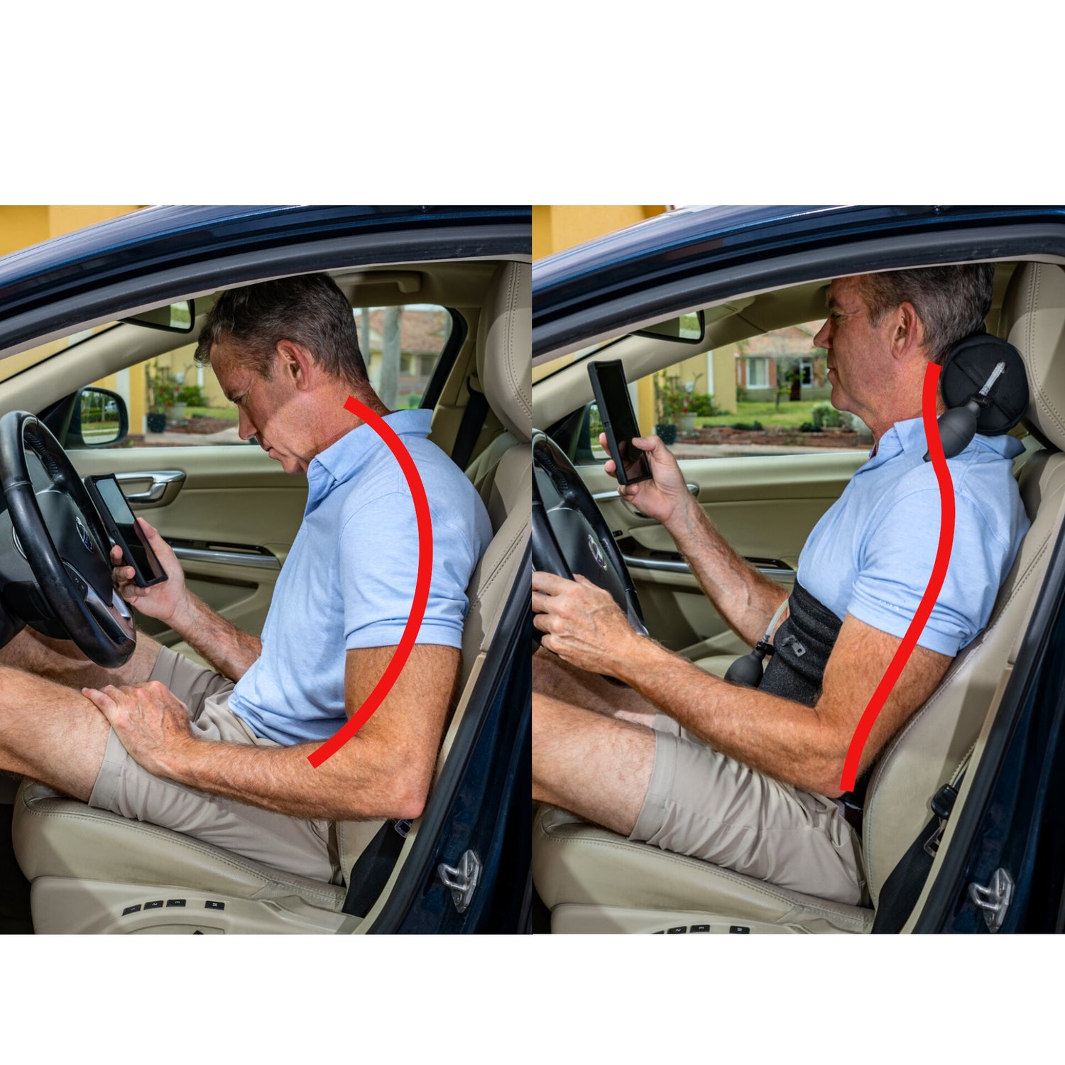 Before and after comparison of a man sitting in a car, showing the effects of Back Fix on tech neck. The 'Before' image illustrates poor posture with a hunched back and forward head tilt while using a phone. The 'After' image demonstrates improved spinal alignment with Back Fix, with a red diagram highlighting proper neck and back posture for reduced strain and better ergonomic support."
